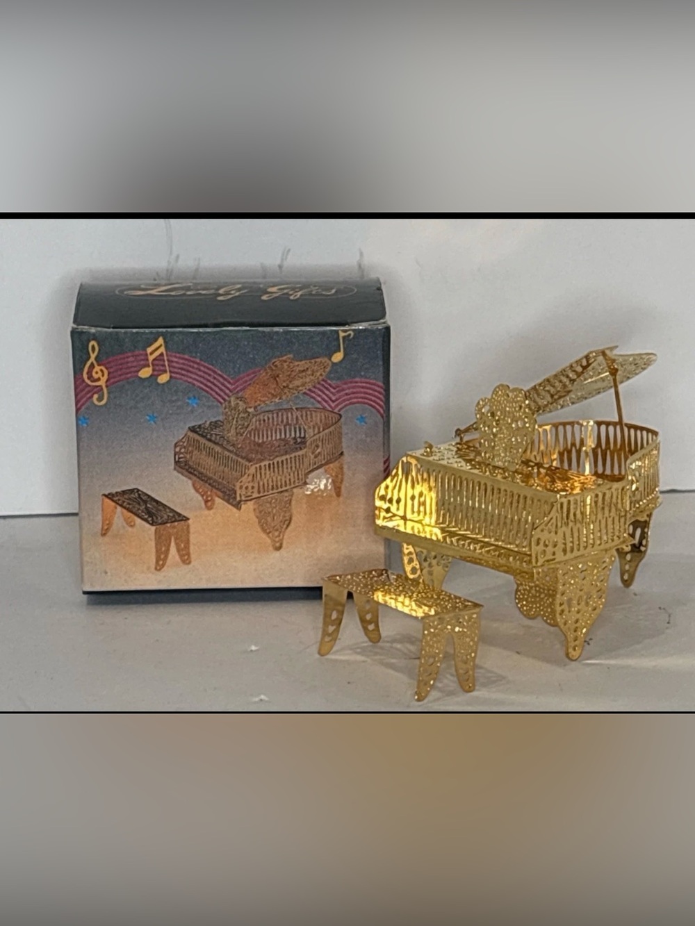 Vintage Filigree Gold Tone Miniature Grand Piano & Bench 2" x 1.5"